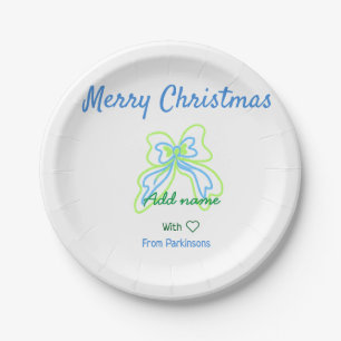 Merry christmas green blue bow add family name tex paper plate