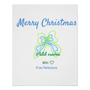 Merry christmas green blue bow add family name tex poster