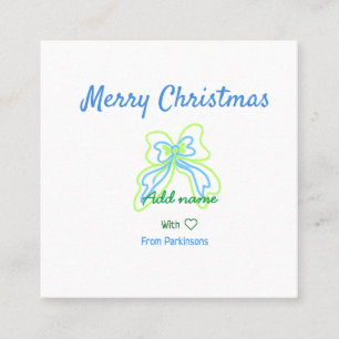 Merry christmas green blue bow add family name tex square business card