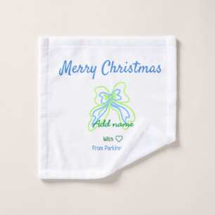 Merry christmas green blue bow add family name tex wash cloth
