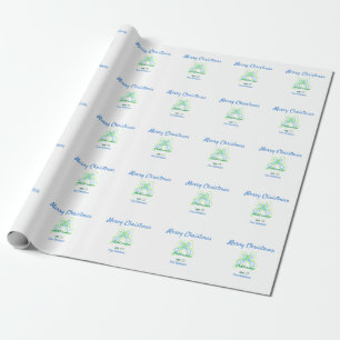 Merry christmas green blue bow add family name tex wrapping paper