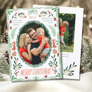 Merry Christmas Green Botanical Coquette 2 Photo Holiday Card