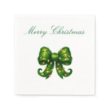 Merry Christmas Green Bow Holiday Napkin