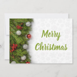 Merry Christmas Green Branches and Ornaments Card