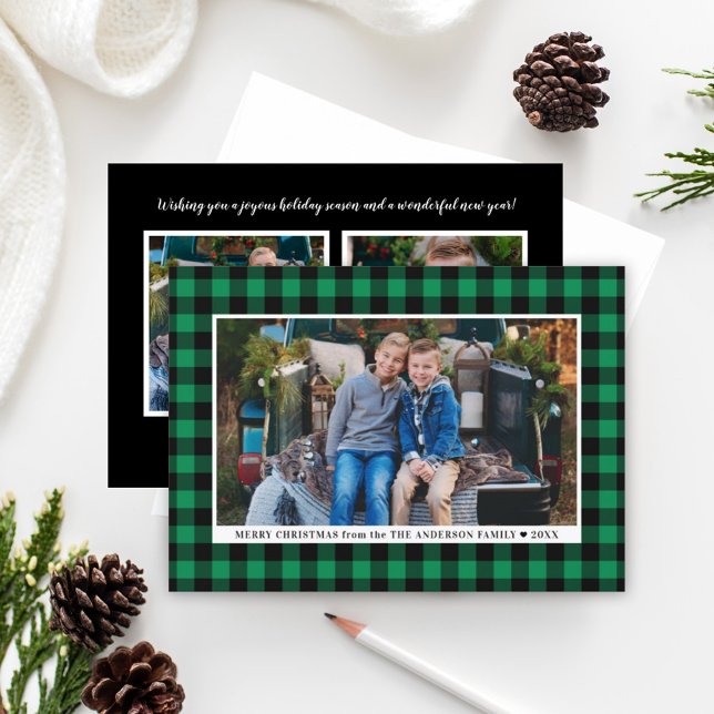 Merry Christmas Green Buffalo Plaid Photo Holiday Card (Creator Uploaded)