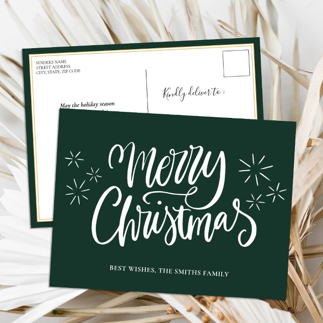 Merry Christmas Green Calligraphy Modern Non Photo Holiday Postcard (Creator Uploaded)