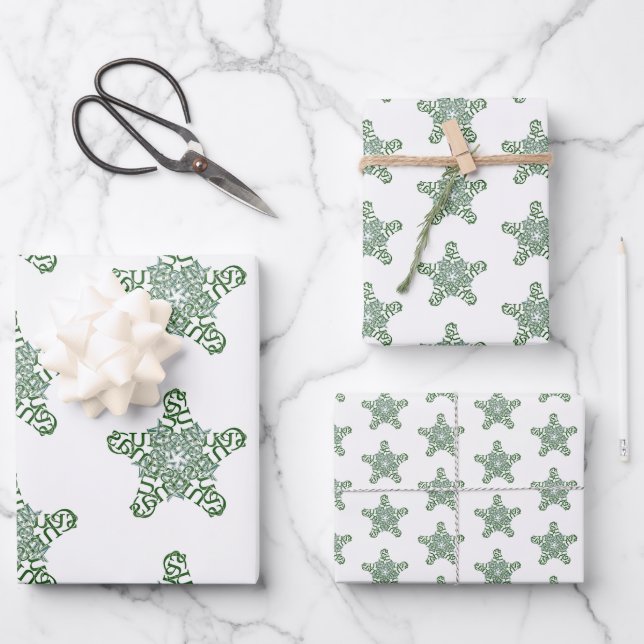 Merry Christmas Green Calligraphy Star Wrapping Paper Sheet (Front)