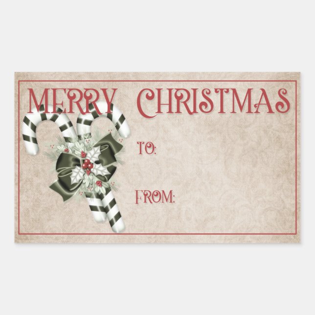 Merry Christmas | Green & Candy Canes Rectangular Sticker (Front)