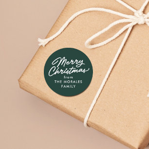 Merry Christmas green casual script holiday gift Classic Round Sticker