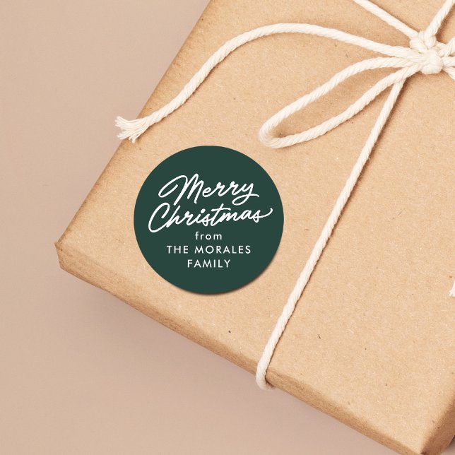 Merry Christmas green casual script holiday gift Classic Round Sticker (Creator Uploaded)