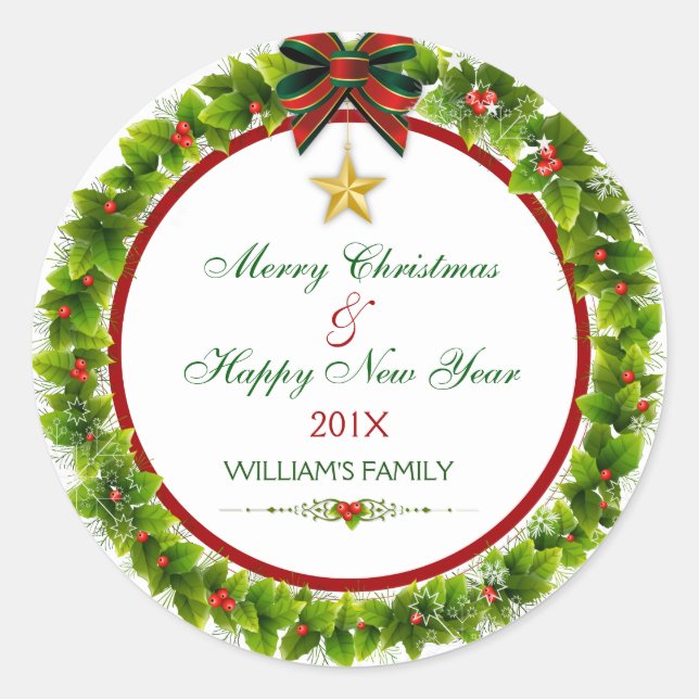 Merry Christmas Green Christmas Wreath Classic Round Sticker (Front)