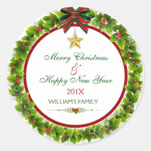Merry Christmas Green Christmas Wreath Classic Round Sticker