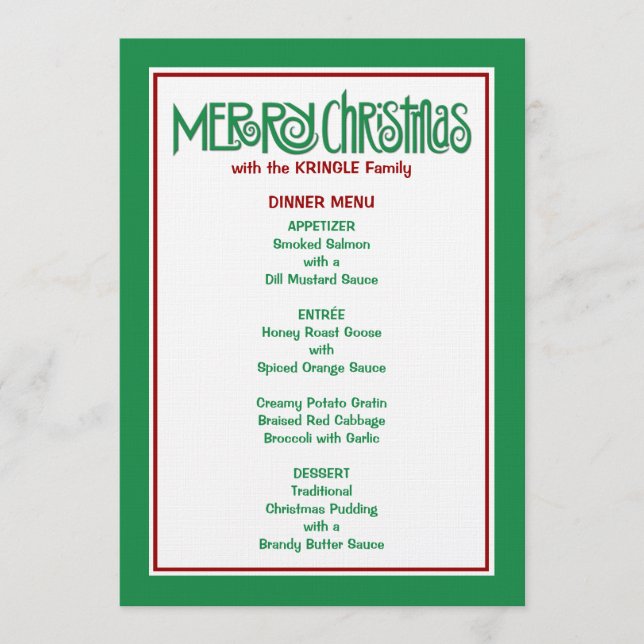 Merry Christmas green Dinner Menu (Front)