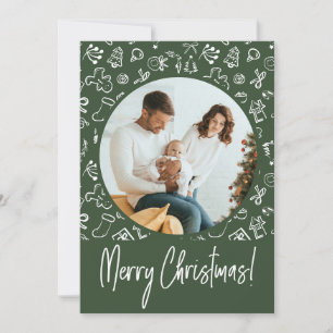 Merry Christmas Green Doodle Family Photo Holiday Card