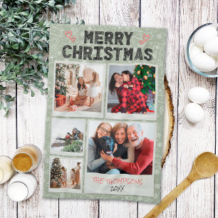 Merry Christmas Green Doodles 5 Photo Family Gift Tea Towel
