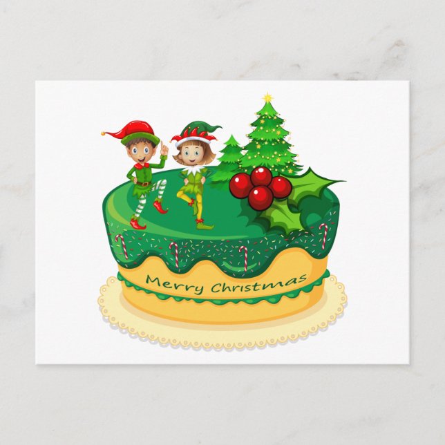 Merry Christmas Green Elves Dancing on a Cake  Postcard (Front)