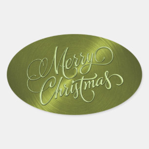 Merry Christmas Green  Embossed Look Oval Sticker