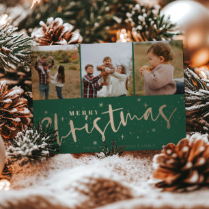 Merry Christmas Green & Faux Gold Photo Christmas  Postcard