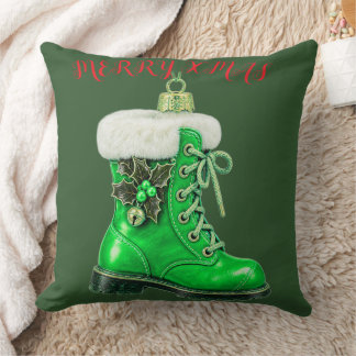 Merry Christmas Green Festive Boot Ornament Cushion