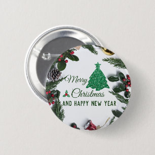 Merry christmas- green glitter  6 cm round badge