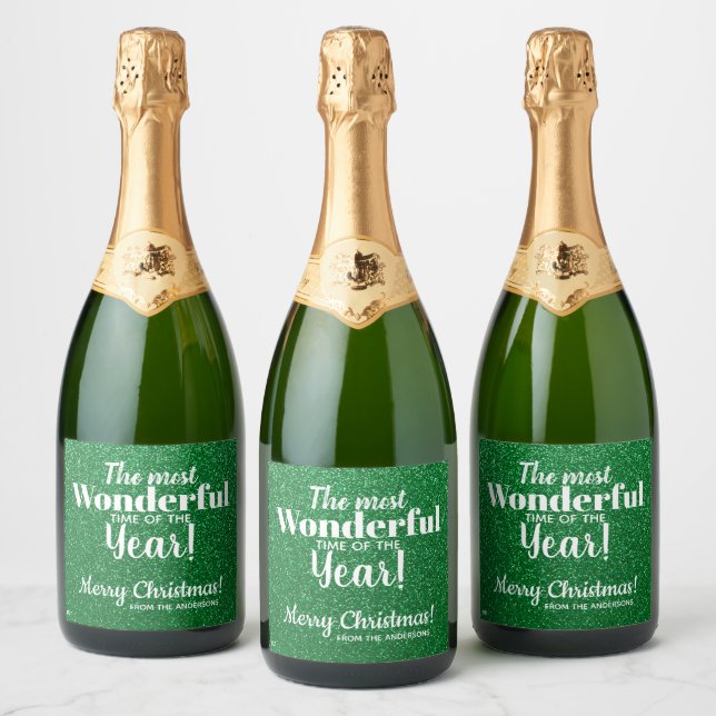 Merry Christmas Green Glitter Sparkling Wine Label (Bottles)