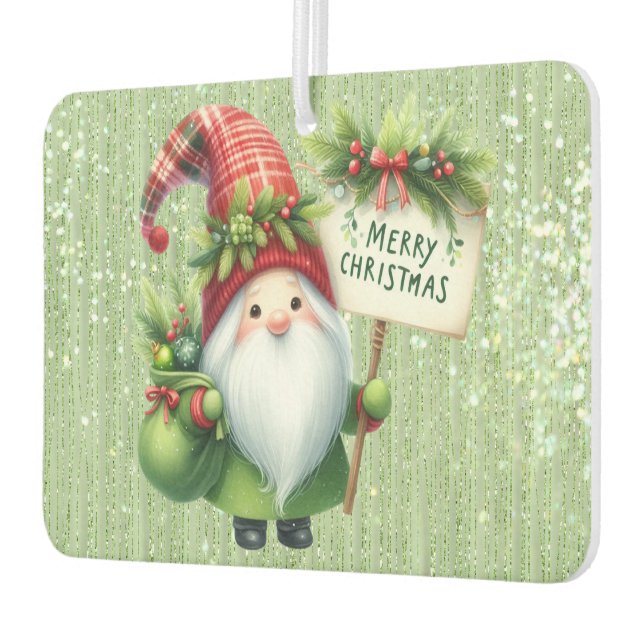 Merry Christmas Green Gnome Glittery Car Air Freshener (Left)