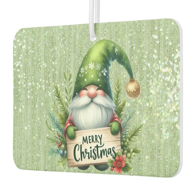 Merry Christmas Green Gnome Glittery Car Air Freshener (Left)