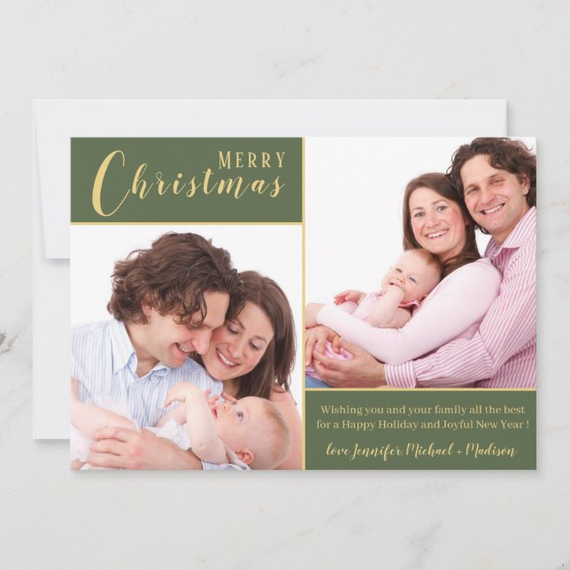 Merry Christmas|Green Gold|2 Photo Holiday Card (Front)