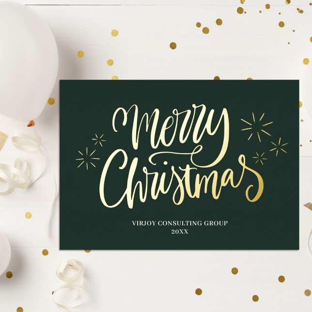 Merry Christmas Green Gold Calligraphy Business Foil Holiday Card (Creator Uploaded)