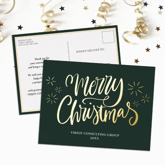 Merry Christmas Green Gold Calligraphy Business Foil Holiday Postcard (Creator Uploaded)