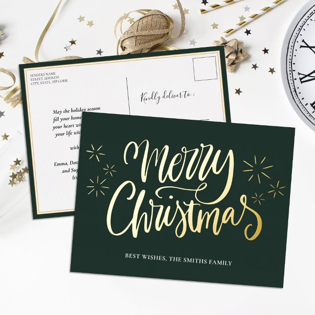 Merry Christmas Green Gold Calligraphy Non Photo Foil Holiday Postcard (Creator Uploaded)