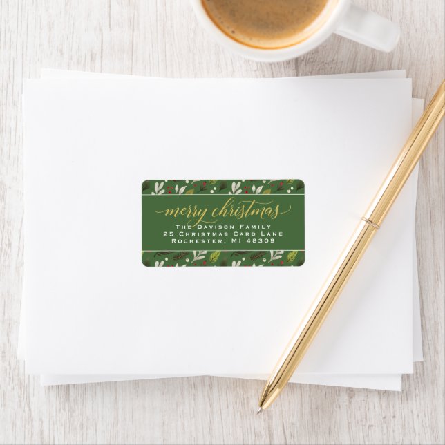 Merry Christmas Green Gold Elegant Script Address Label (Insitu)