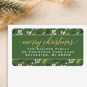 Merry Christmas Green Gold Elegant Script Address Label