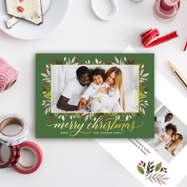 Merry Christmas Green Gold Elegant Script Foil Holiday Card (Creator Uploaded)