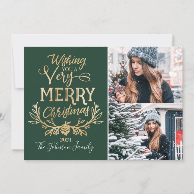 Merry Christmas Green & Gold Festive family Photos Holiday Card (Front)