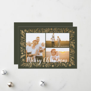 Merry Christmas Green & Gold Foliage & Snowflakes Holiday Card