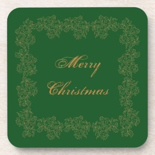Merry Christmas Green Gold Plastic Coaster