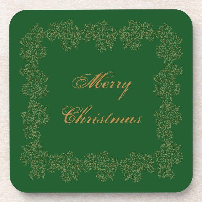 Merry Christmas Green Gold Plastic Coaster (Front)