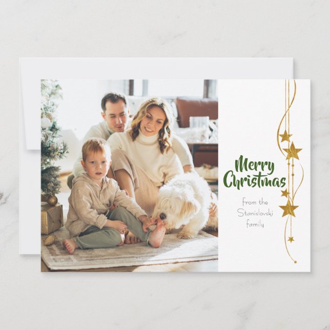 Merry Christmas Green Gold Stars Modern Photo  Holiday Card (Front)