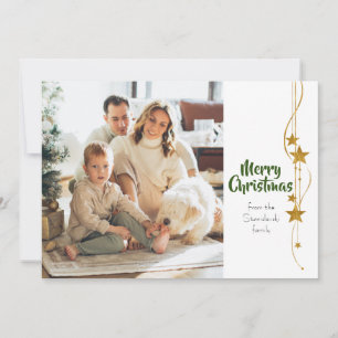 Merry Christmas Green Gold Stars Modern Photo  Holiday Card