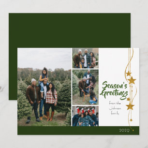 Merry Christmas Green Gold Stars Photo Collage Holiday Card