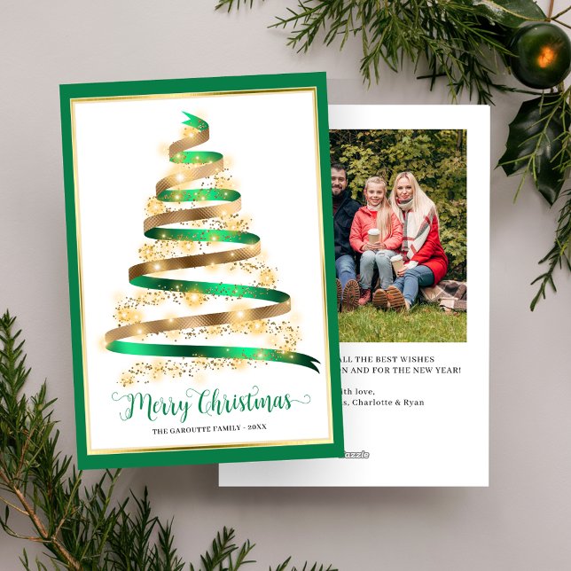 Merry Christmas Green Gold Tree Photo Holiday Card (Merry Christmas Green Gold Tree Photo Holiday Card)
