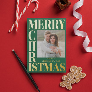 Merry Christmas Green Gold Typography Square Photo Foil Holiday Card