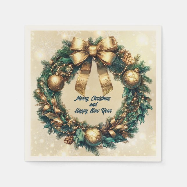 Merry Christmas  Green Gold Wreath Napkin (Front)