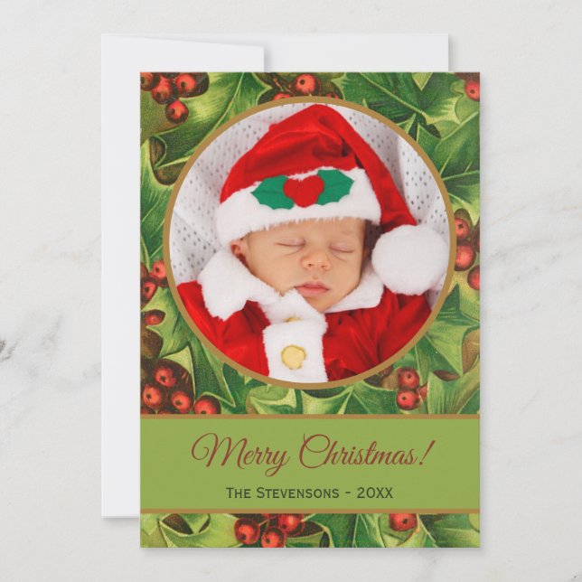 Merry Christmas Green Holly  Red Script Baby Photo Holiday Card (Front)