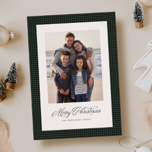Merry Christmas green houndstooth one photo Holiday Card