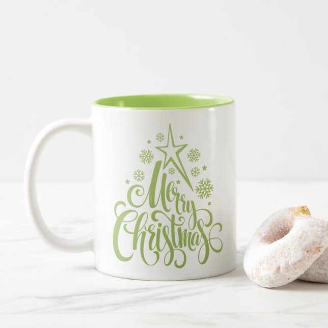 Merry Christmas Green Modern Two-Tone Coffee Mug (With Donut)