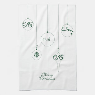 Merry Christmas Green Monogram Bauble Ornaments Tea Towel