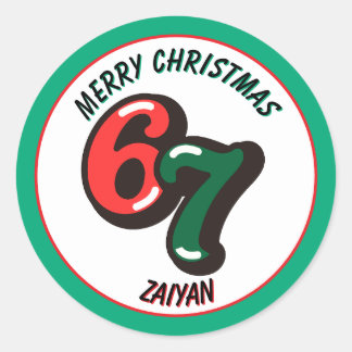 Merry Christmas Green Numbers 6 & 7 Custom Name Classic Round Sticker