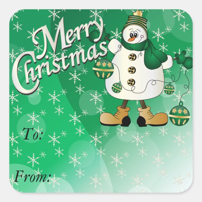 Merry Christmas Green Ornament Snowman Square Sticker (Front)